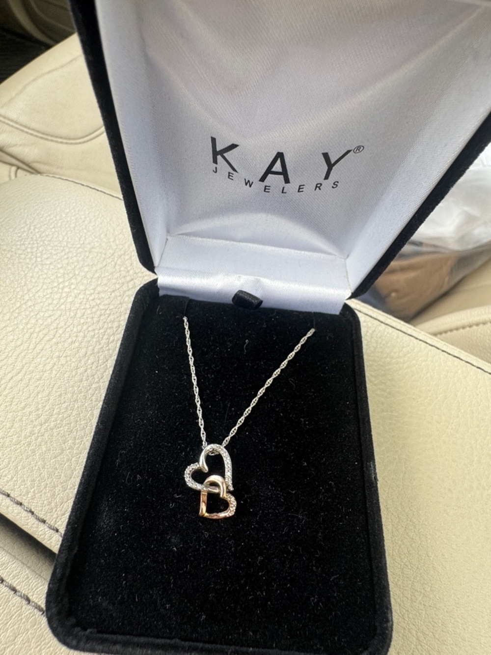 Kay Jewelers 10k Rose Gold & Sterling Silver Double Diamond Heart Necklace - Picture 2 of 3